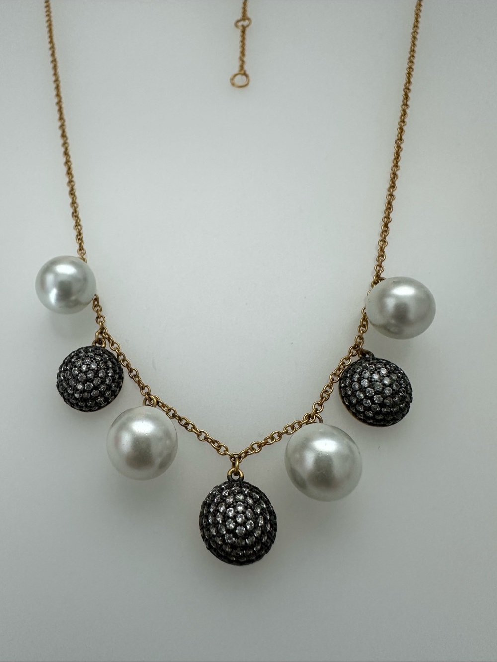 Gold over Sterling Silver Necklace with White Pearls and Black Pavé CZ Spheres